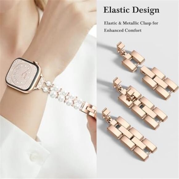 NEW Rose Gold rhinestone Pearl Apple Watch Band - Picture 3 of 7